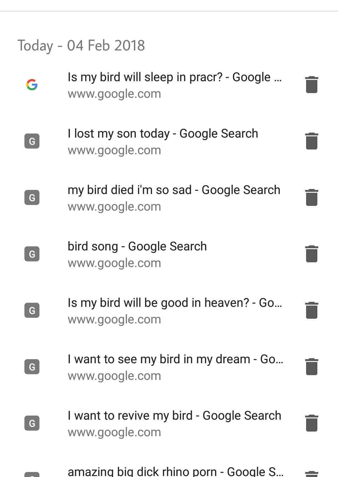 My brother's bird died this morning. I saw his google history. So ...