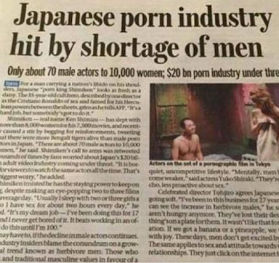 Japanese porn industry hit by shortage of men. 70 men to 10,000 women