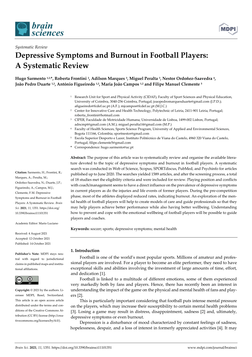 PDF) Depressive Symptoms and Burnout in Football Players: A ...