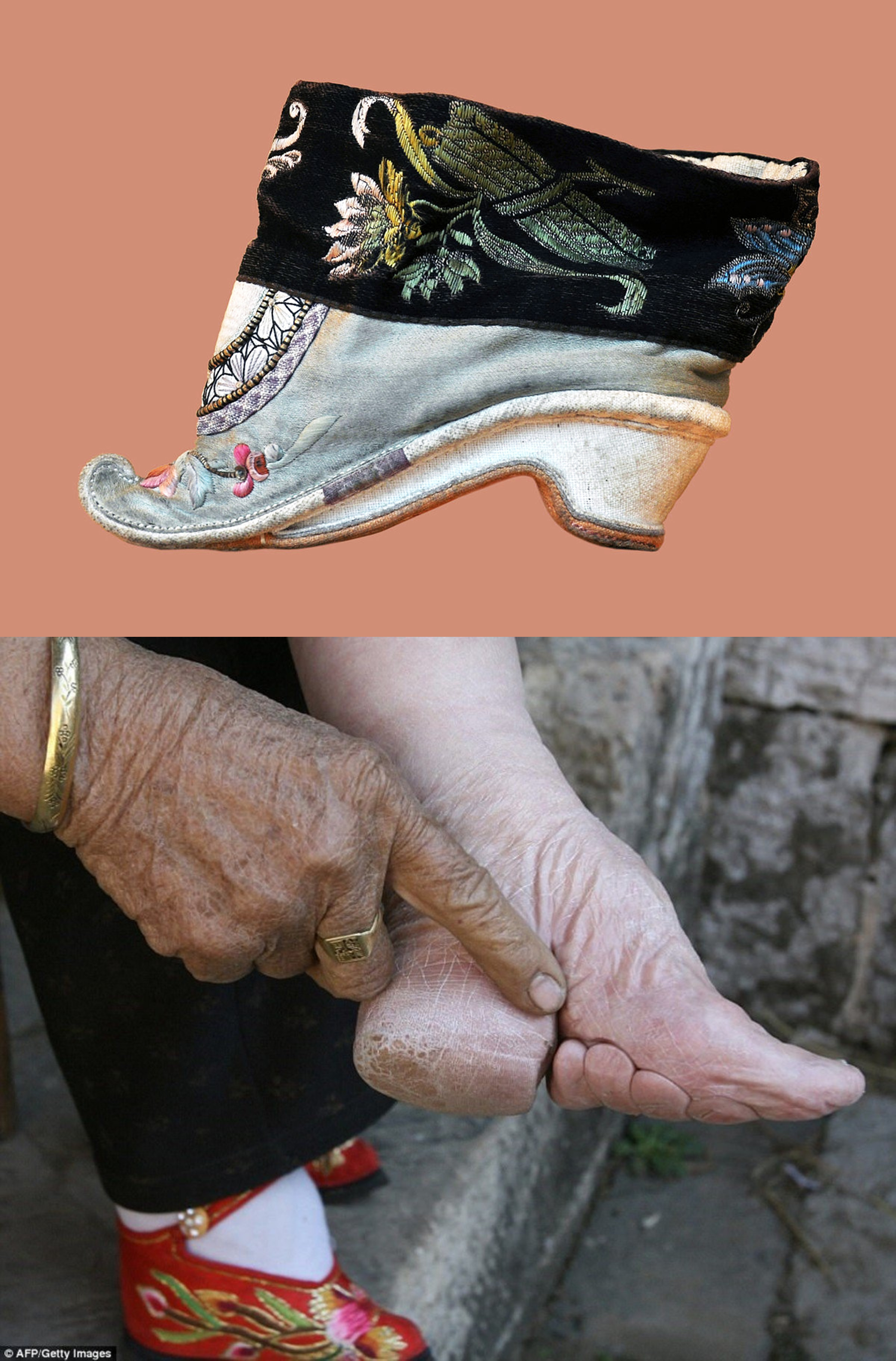 An 18th century Chinese shoe for a bound foot. Foot-binding was a ...