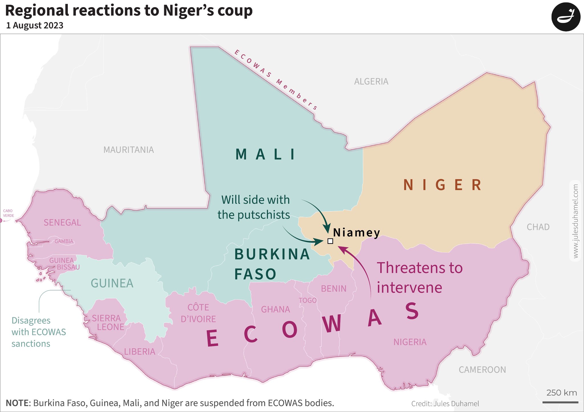 Map of regional reactions to Niger's military coup. Nigeria ...