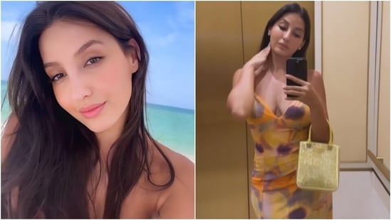 Nora Fatehi in a bikini and printed bodycon dress sets Miami on ...