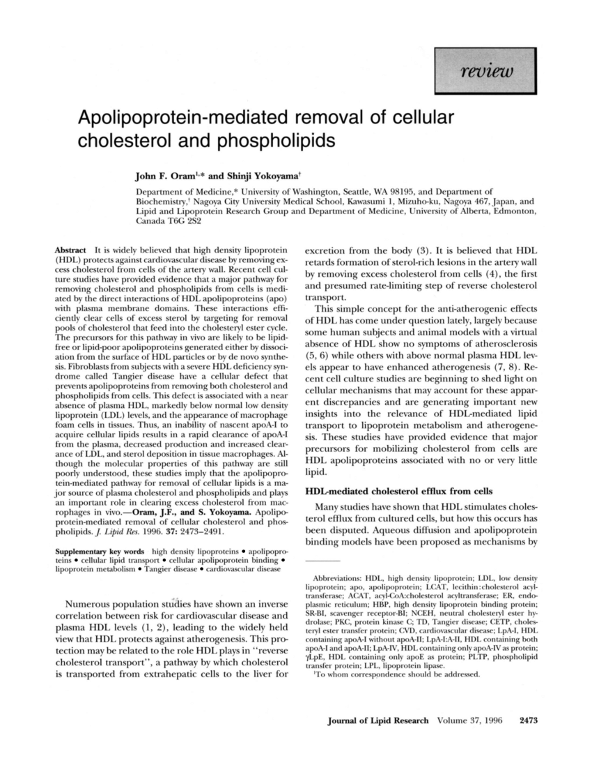 PDF) Apolipoprotein-mediated removal of cellular cholesterol and ...