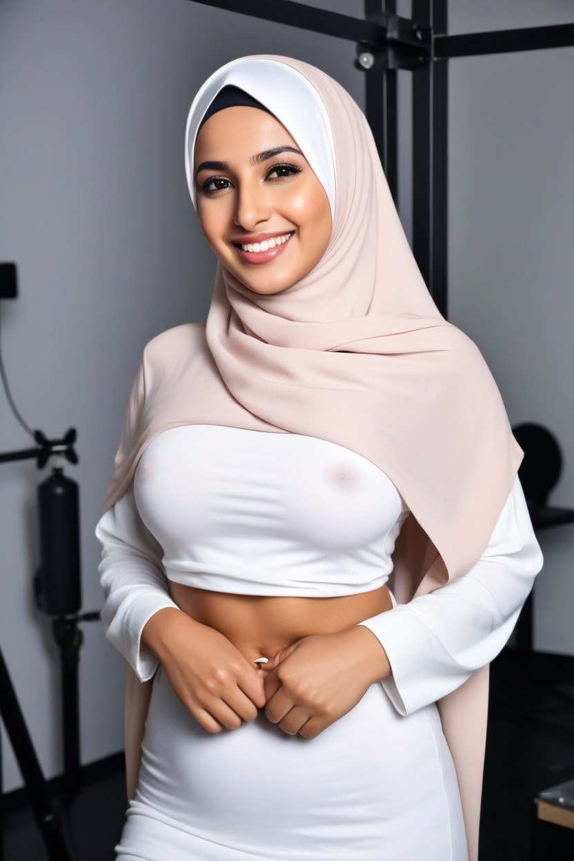 Smiling, Thick Arabic Woman With Hijab, Round Natural Breasts AI Porn