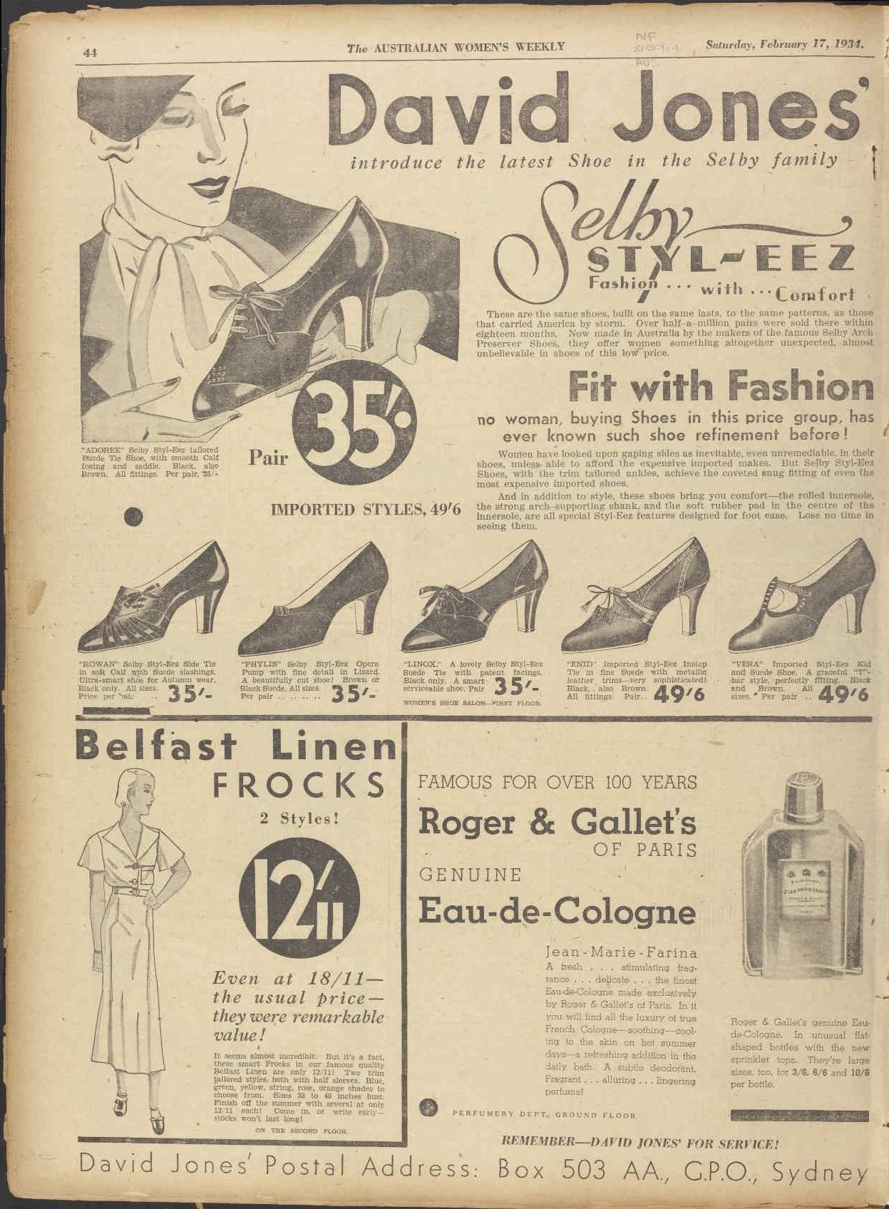 1934 advertisement for Selby shoes, Roger & Gallet Eau-de-Cologne ...