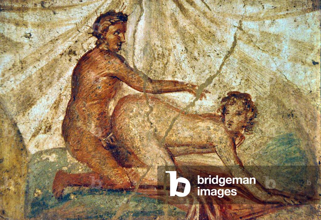 Image of Fresco from Pompei: Erotic scene, Roman art. Man and ...