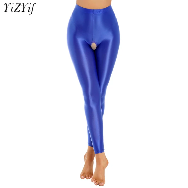 Women Solid Color Skinny Oil Glossy High Waist Open Crotch ...