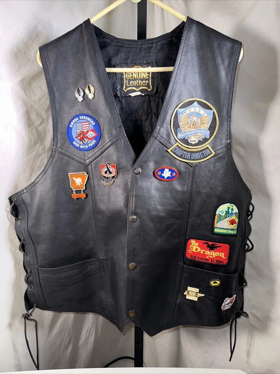 Leather Authentic Biker Vest with GWRRA Pins Patches Tie Sides. | eBay