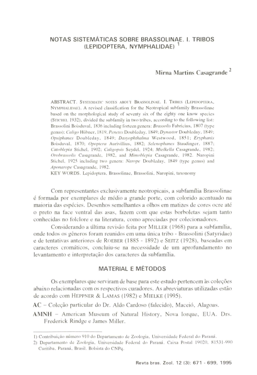 PDF) Systematic notes about Brassolinae: I. Tribes (Lepidoptera ...