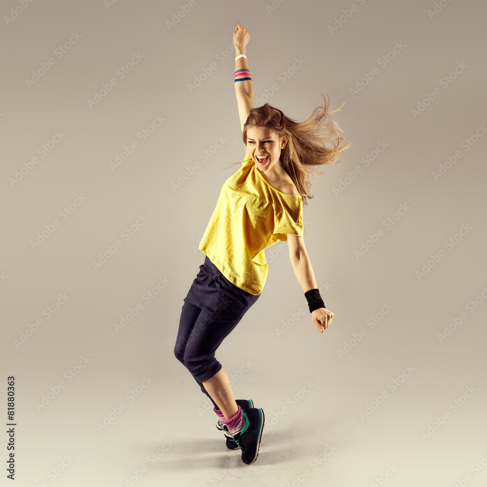 Zumba dance workout. Young sporty woman dancer in motion. Stock ...