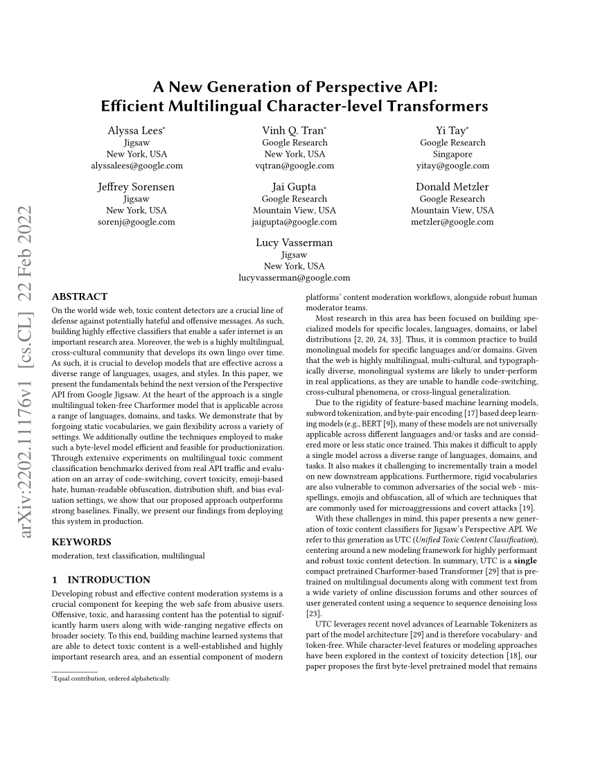 PDF) A New Generation of Perspective API: Efficient Multilingual ...