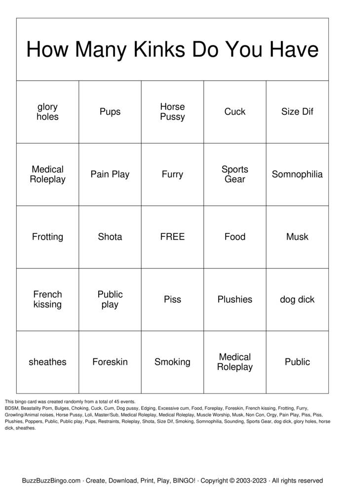 Kink Bingo Bingo Cards to Download, Print and Customize!