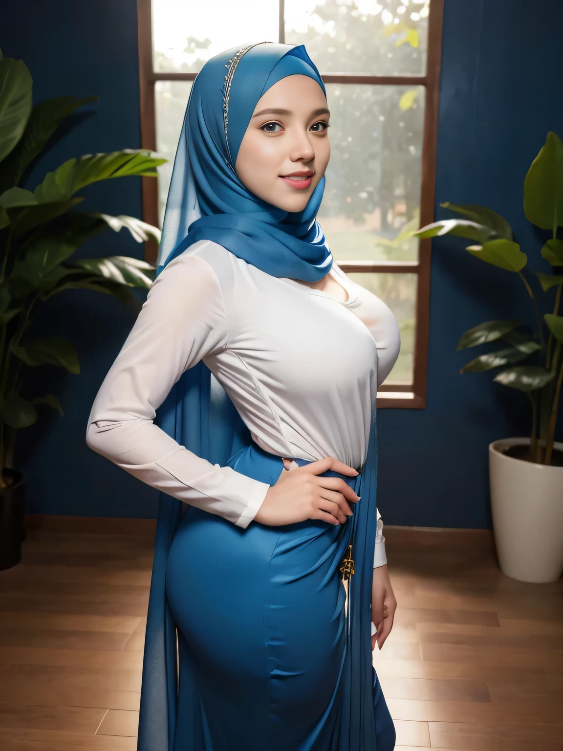 A woman in a blue hijab poses for a picture - SeaArt AI