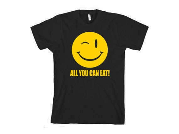 FUNNY TSHIRT All You Can Eat T-shirt 70s Retro Smiley Face Mens ...