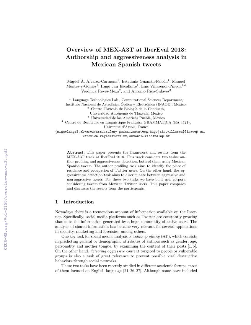 PDF) Overview of MEX-A3T at IberEval 2018: Authorship and ...