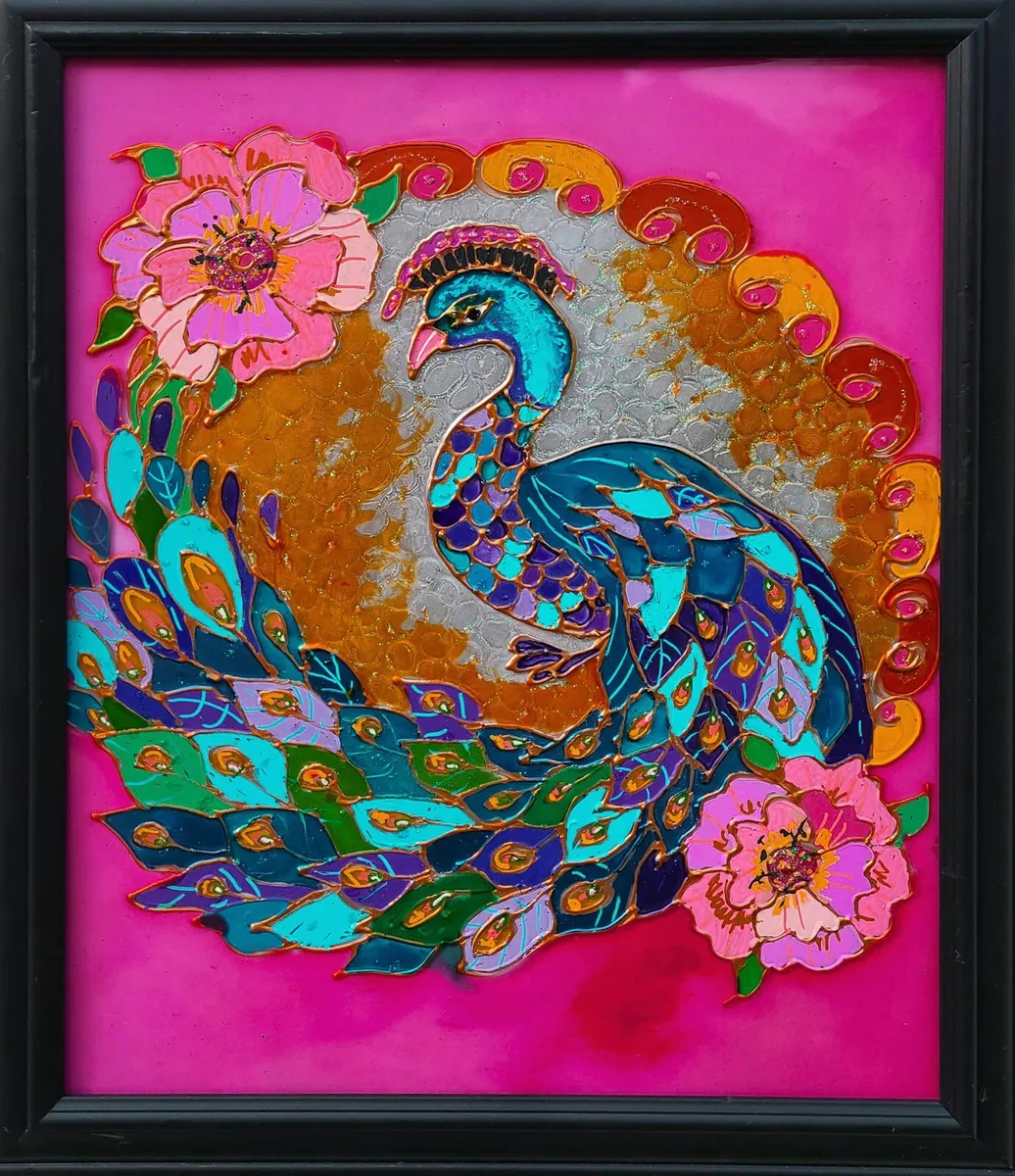 PEACOCK GLASS ART, Bird Art Décor, stained glass painting,Framed ...