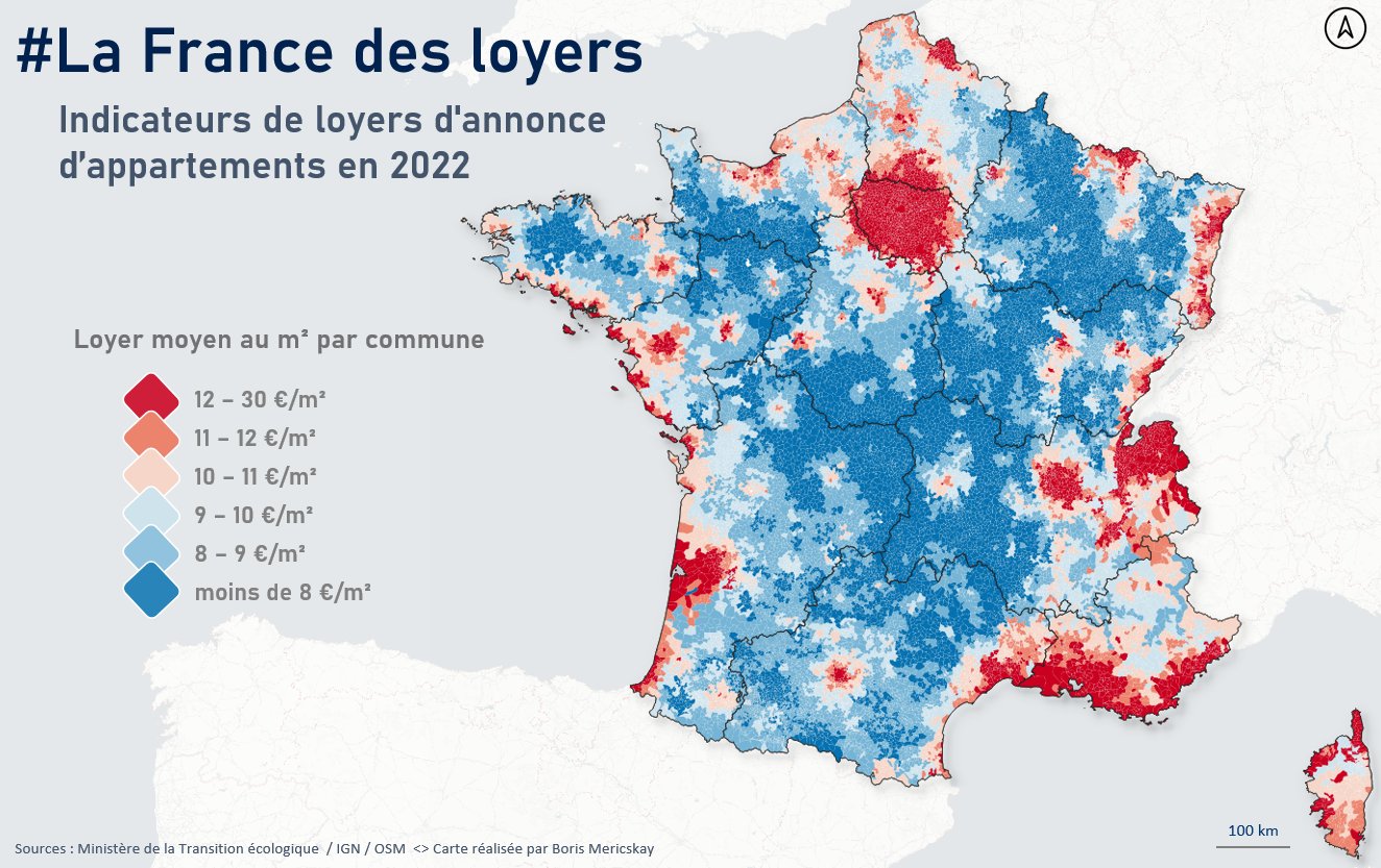 Map of rents in France (average rent per sq.m. per commune, 2022 ...