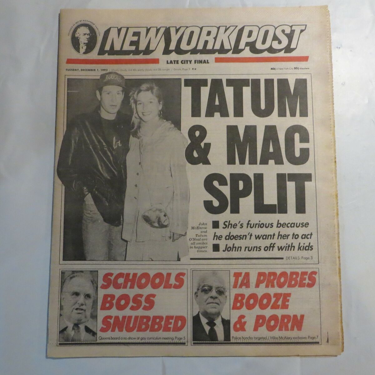 New York Post December 1 1992 Tatum Mac Split Probes Booze and ...