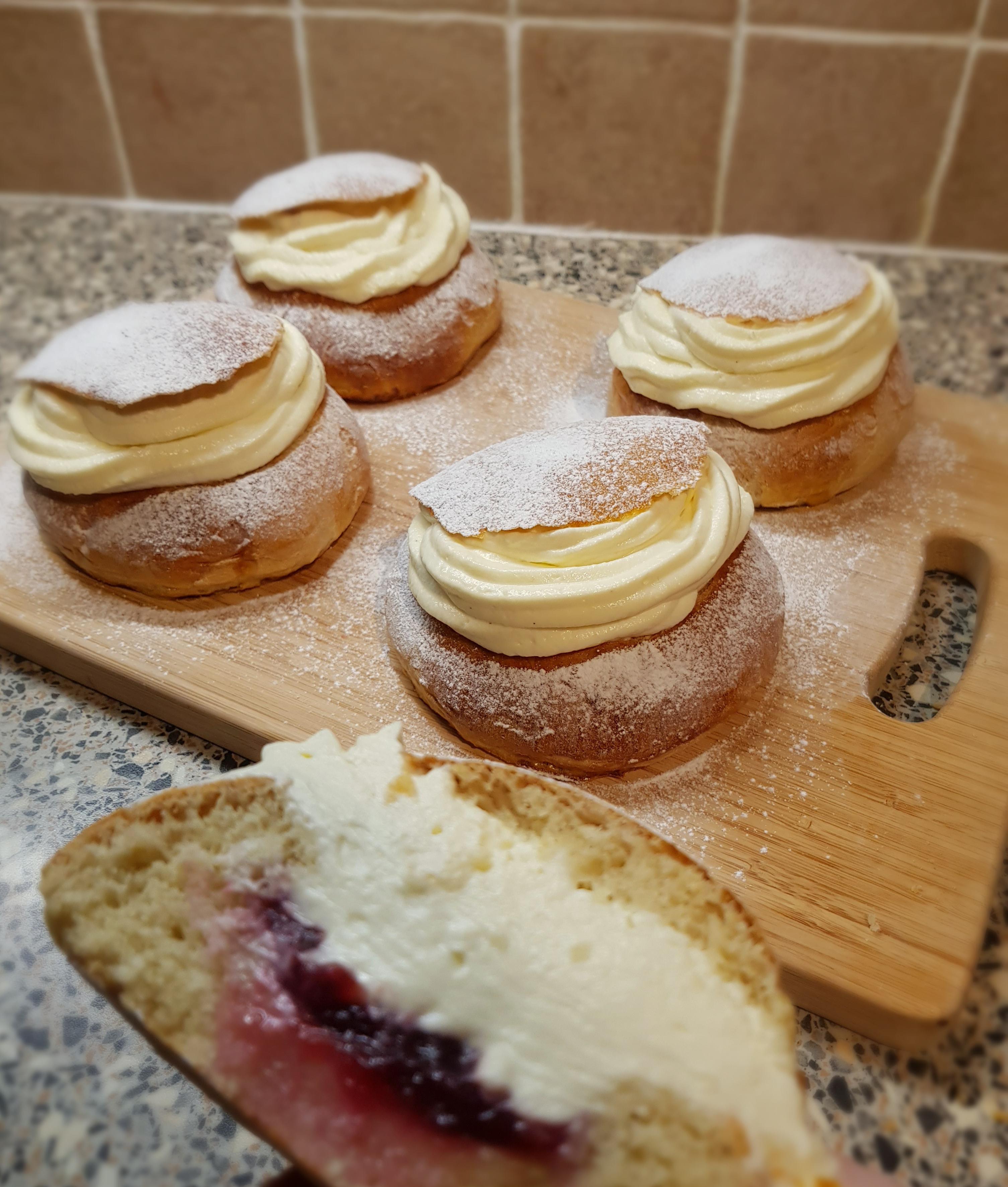 Homemade] Semla buns, filling is whipped cream cheese with ...