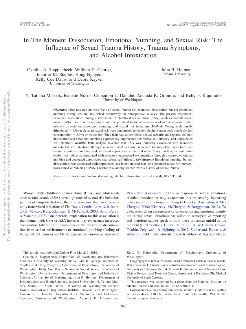 In-The-Moment Dissociation, Emotional Numbing, and Sexual Risk ...