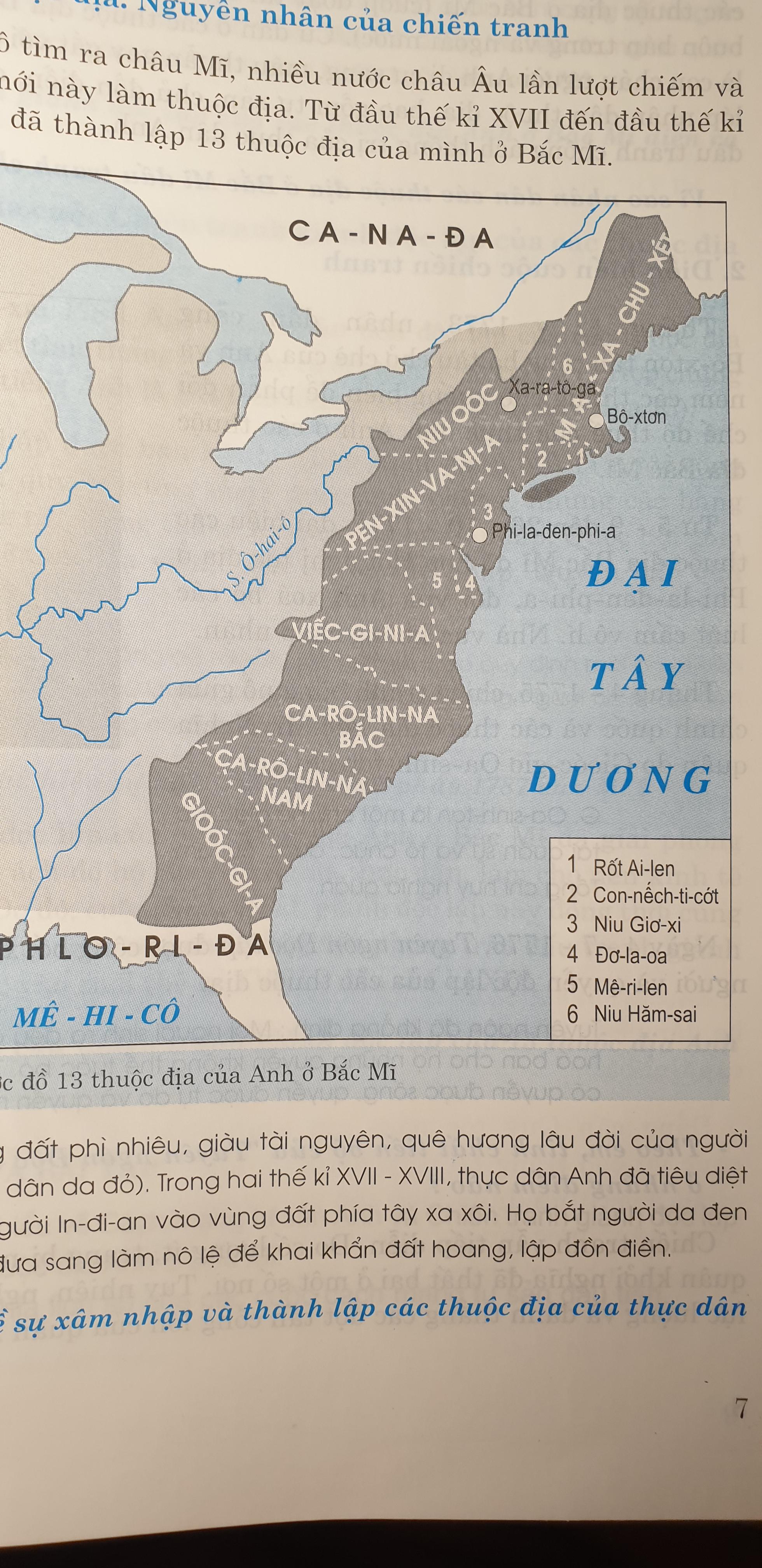 A map of thirteen colonies from Vietnamese grade 7 history book ...