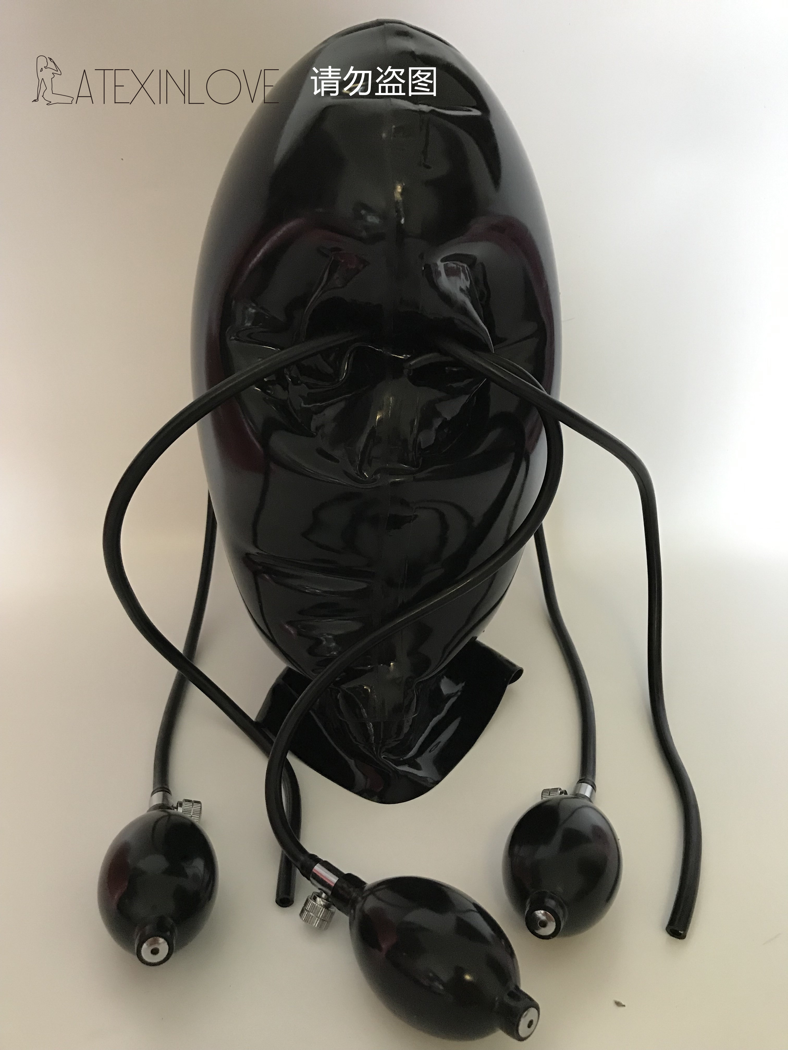 Sexy Black Natural Latex Hood Mask Inflatable Pump Gag with Back ...