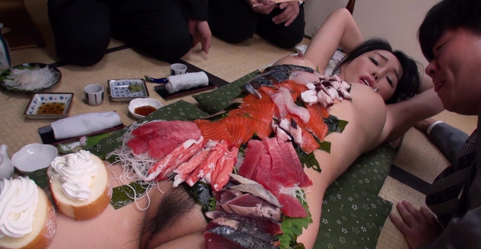 Kinky Japanese chick Haruka lets guys eat sushi off her body | Any ...